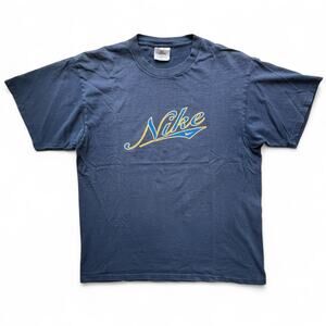 Vintage 90s Nike White Tag Varsity Athletic Script Spellout T Shirt Faded Blue